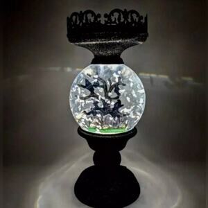 NEW HALLOWEEN CEMETERY GHOST GLITTER WATER GLOBE 3-WICK PEDESTAL CANDLE HOLDER